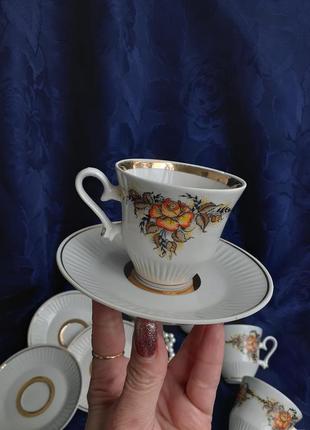 Чайная роза! ☕🌼 барановка сервиз кофейный винтаж фарфор деколь позолота советский чашки с блюдцами сливочник7 фото