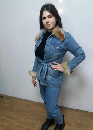 Джинсовая женская куртка с натуральным мехом1 фото
