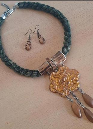 Комплект лот серьги колье ожерелье boho стиль hand made подвес кулон бохо этно полимер глин цвет винтаж крупн мас бронз