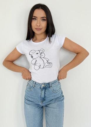 Белая хлопковая футболка с мишкой3 фото