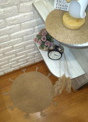 Плетеный коврик круглый с кисточками, коврик джутовый бохо/скандинавский