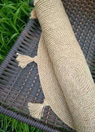 Плетеный коврик круглый с кисточками, коврик джутовый бохо/скандинавский