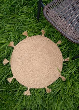 Плетений джутовий килимок круглий з китицями, коврик килим джутовий бохо/скандинавський2 фото
