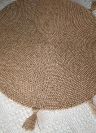 Плетеный коврик круглый с кисточками, коврик джутовый бохо/скандинавский