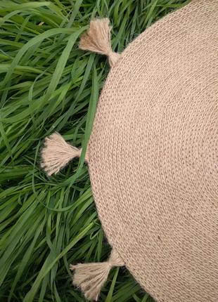 Плетений джутовий килимок круглий з китицями, коврик килим джутовий бохо/скандинавський9 фото