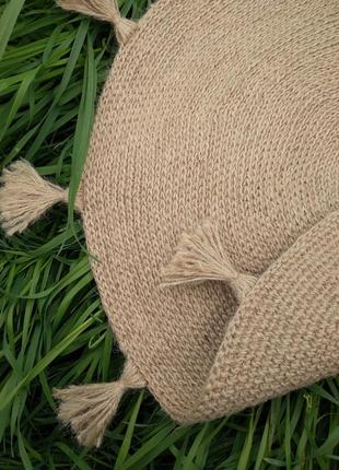 Плетений джутовий килимок круглий з китицями, коврик килим джутовий бохо/скандинавський