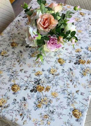 Хлопковая серая скатерть с желтыми розами  с водоотталкивающей ткани 110*160 см1 фото