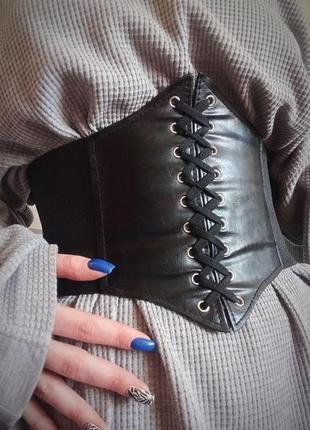 Чорний широкий корсет пояс  на шнурівці з липучкою , корсет з еко шкіри