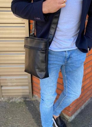 Мужская кожаная сумка через плечо, барсетка из pu кожа, вместительная черная сумка мессенджер bucket4 фото