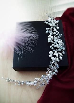 Сяюча перлина біла гілочка святкова для зачіски перли кришталь вечірній аксесуар1 фото