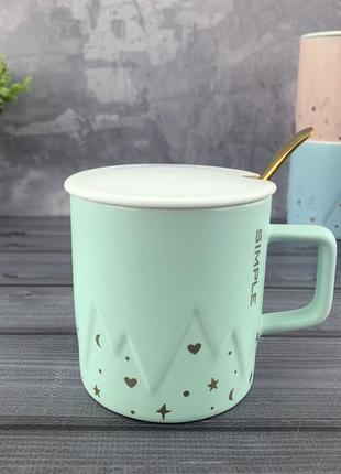 Керамическая чашка с крышкой и ложечкой mountain зеленая