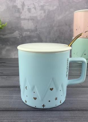 Керамічна чашка з кришкою та ложечкою mountain блакитна2 фото