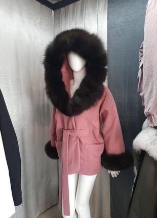 Женское кашемировое пончо пальто с натуральным мехом песца в расцветке темный соболь1 фото