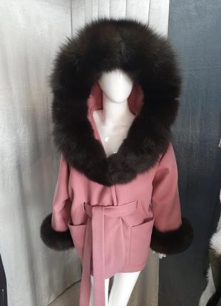 Женское кашемировое пончо пальто с натуральным мехом песца в расцветке темный соболь3 фото