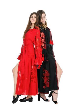 Сукня вишита червона "диво-квітка максі" з червоною вишивкою7 фото