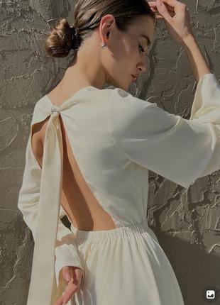 Платье миди талия на резинке перед закрытый по спинке вырез на завязке рукав длинный расширенный к низу юбка расклешонная ткань летняя костюмка8 фото