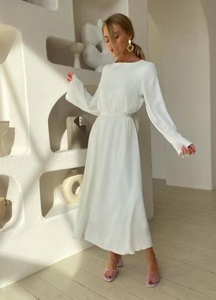 Платье миди талия на резинке перед закрытый по спинке вырез на завязке рукав длинный расширенный к низу юбка расклешонная ткань летняя костюмка7 фото