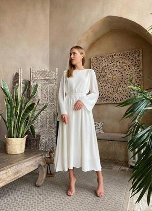 Платье миди талия на резинке перед закрытый по спинке вырез на завязке рукав длинный расширенный к низу юбка расклешонная ткань летняя костюмка