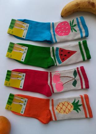 Шкарпетки жіночі високі кольорові з фруктовим принтом 100% бавовна різні кольори набір з 4 пар