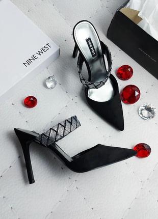 Nine west оригінал чорні босоніжки мюлі на шпильці з стразами1 фото