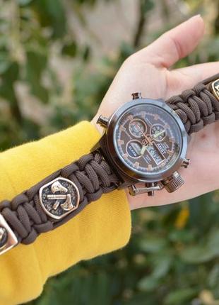 Годинник із паракорду з козаком гербом україни та сокирами з латуні ручного лиття + брелок у подарунок