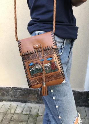 Винтажная кожаная сумка на одно плечо,кросбоди,этно,бохо стиль4 фото