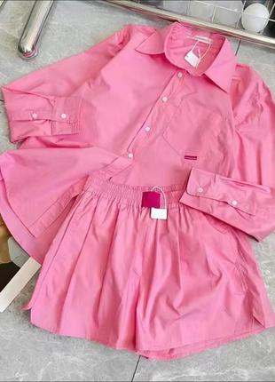 Розовый женский летний костюм шорты рубашка5 фото