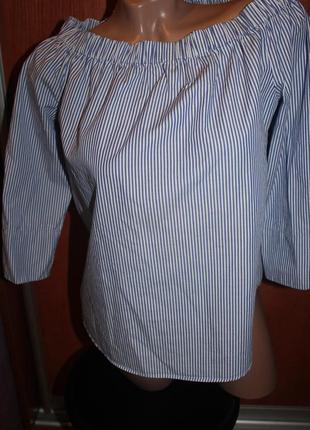 Рубашка zara с открытыми плечами полосатая блуза хлопок7 фото