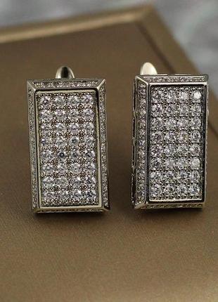 Серьги xuping jewelry прямоугольник запонки с камнями  1.7 см серебристые