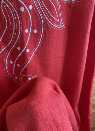 Женское льняное платье красного цвета3 фото