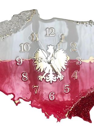 Часы настенные из эпоксидной смолы "карта польши" 40x37 см