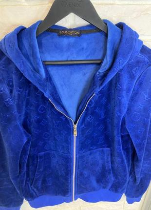 Толстовка женская велюр, кофта на молнии синяя бархат