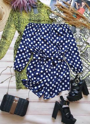 Легкий літні комбез комбінезон ромпер в горох з рукавами та поясом