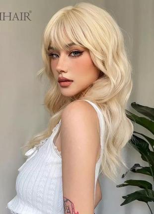 Парик искусственный блонд светлый каскад с челкой чёлкой прямые волосы