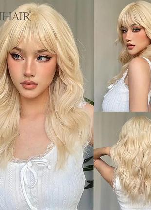 Парик искусственный блонд светлый каскад с челкой чёлкой прямые волосы