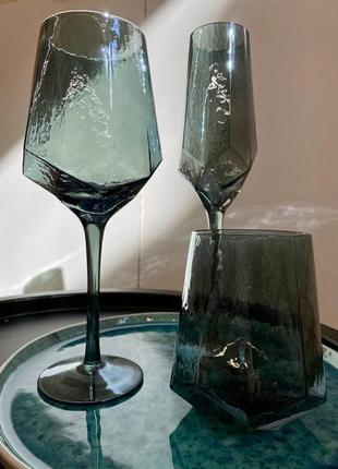 Набір келихів для вина 6шт,для шампанського 6шт,склянки 6шт із кольорового скла кристал дзеркальна бірюза 18 од.